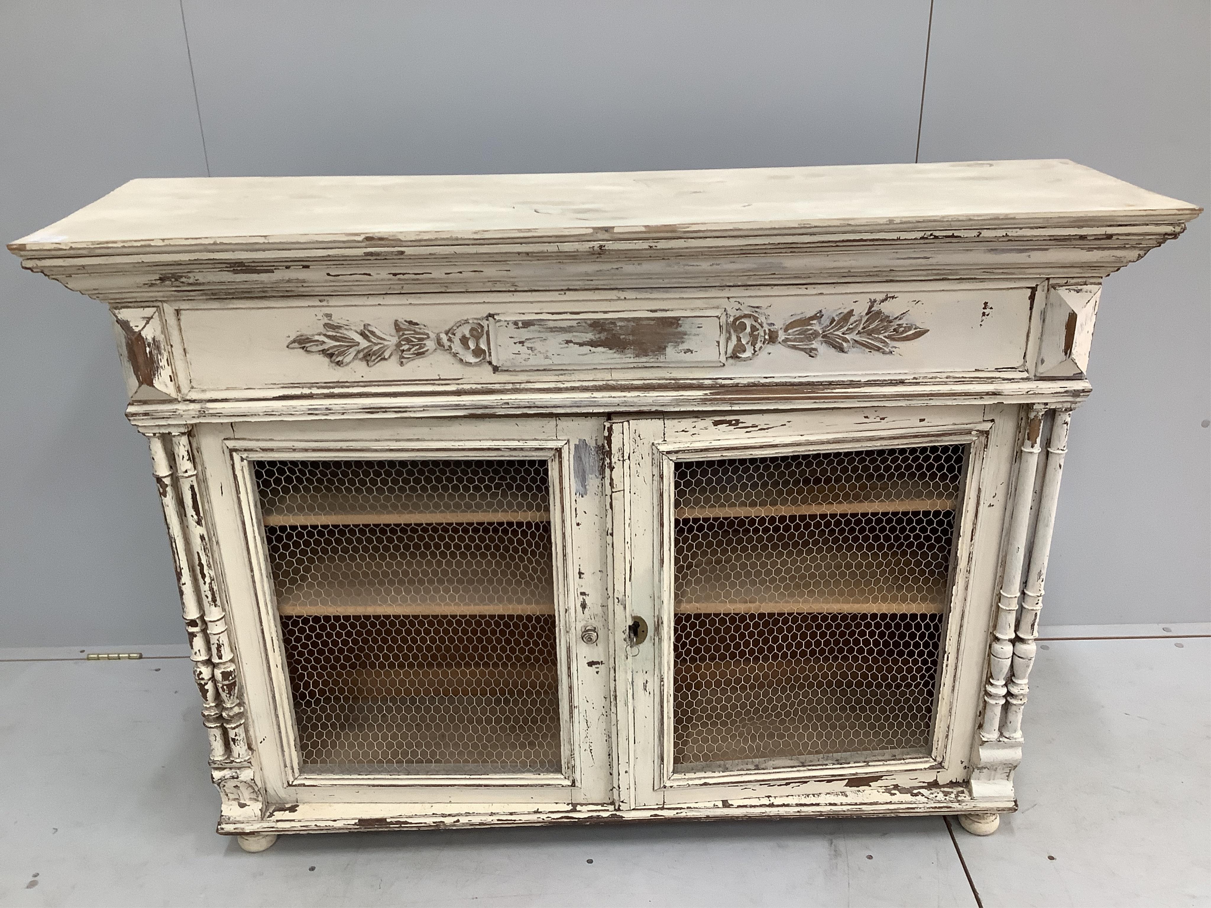 A late 19th century Continental cream painted side cabinet, width 137cm, depth 39cm, height 101cm